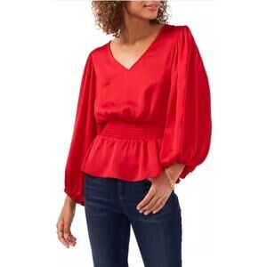vince camuto Smocked Peplum Blouse XS Red NWT